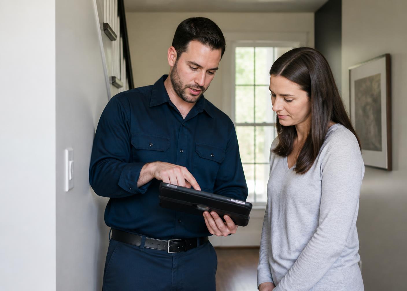 Technician explaining system findings to a homeowner in their entryway
