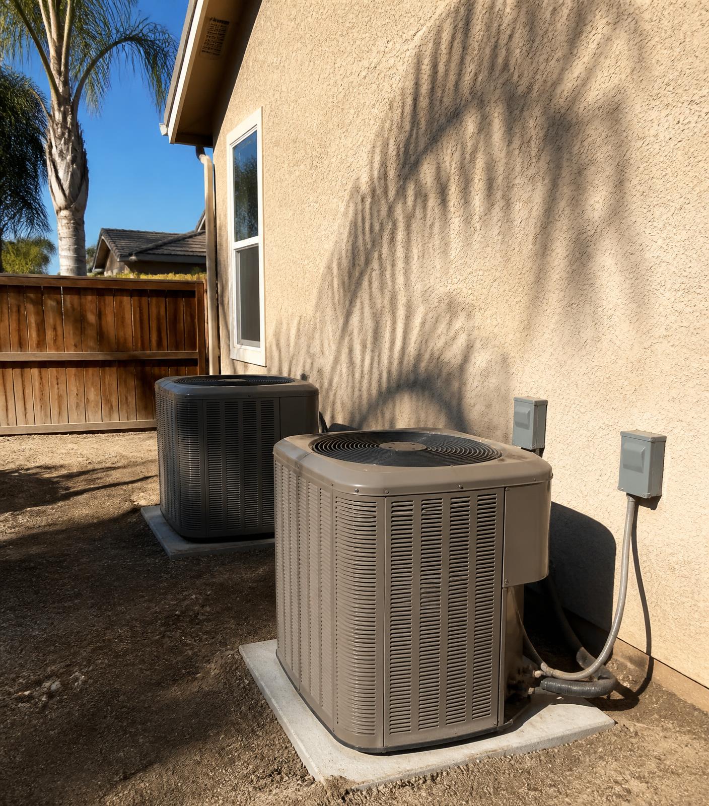Residential air conditioning condenser units in the side yard of a Fresno home in full afternoon sun