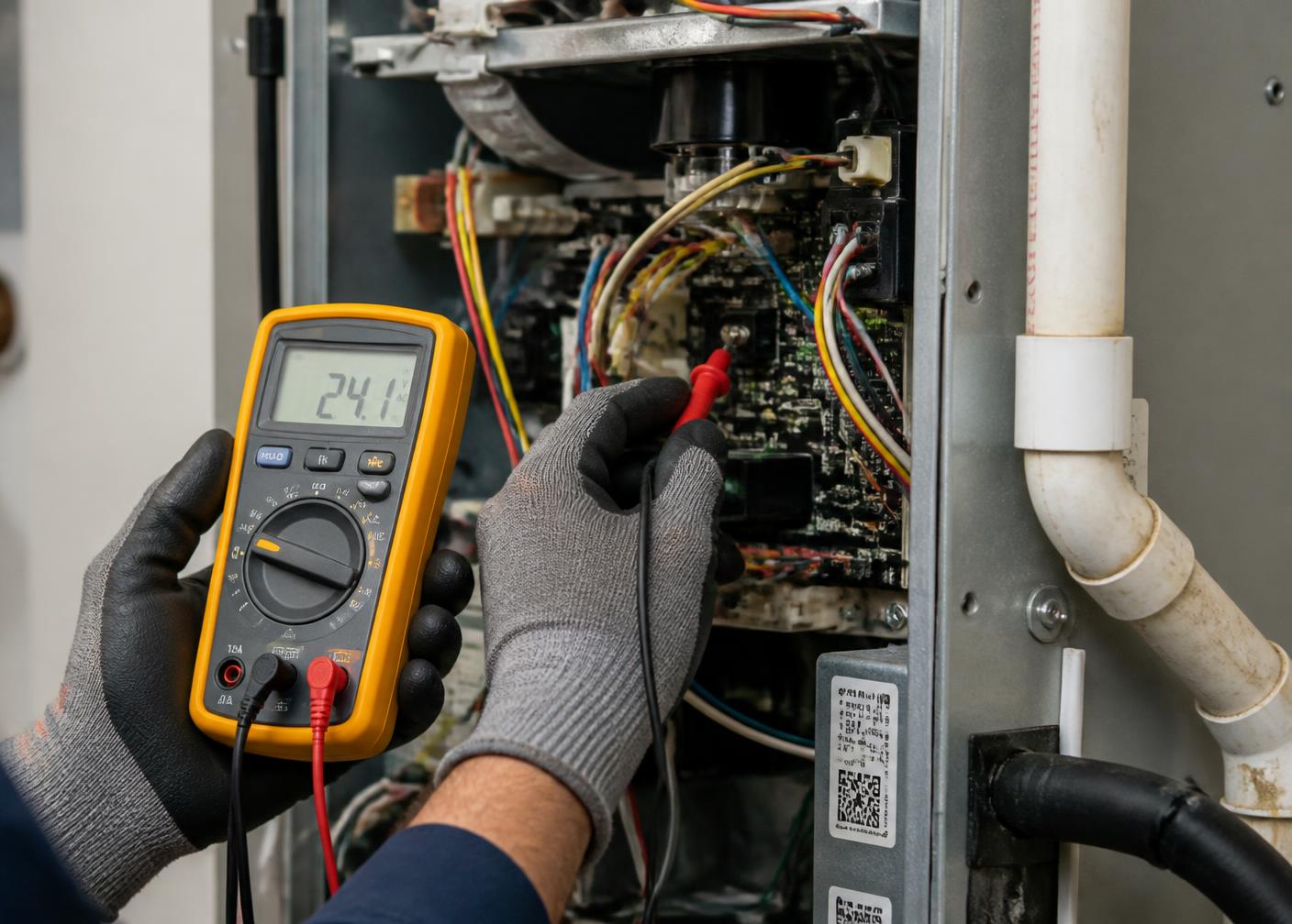Technician testing electrical components inside a residential air handler