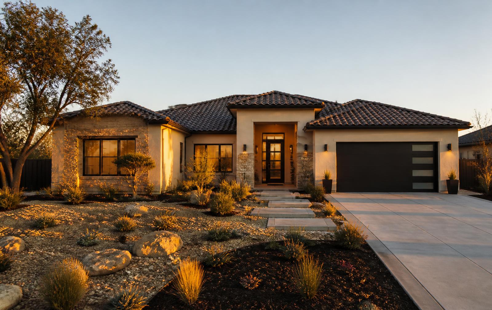 Central Valley home exterior in warm evening light
