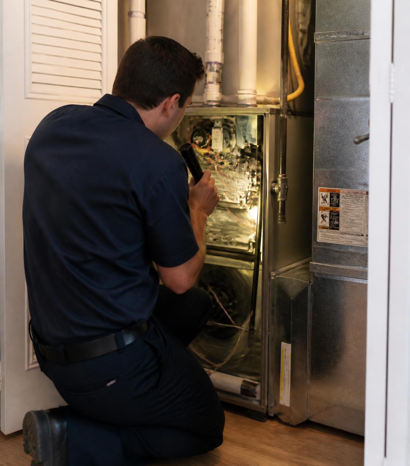 Technician inspecting a residential furnace inside a home utility closet