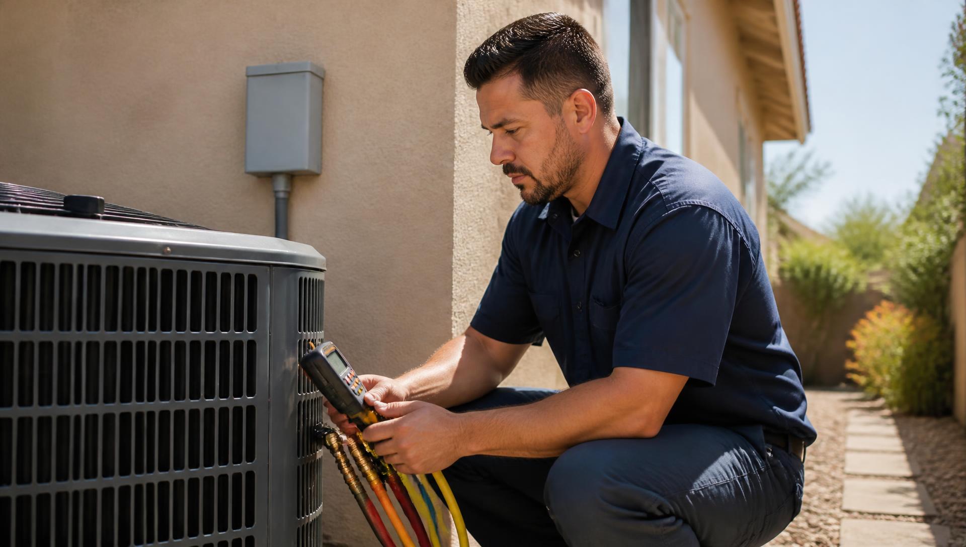 ComfortPeak technician taking readings at an outdoor air conditioning unit beside a Fresno home