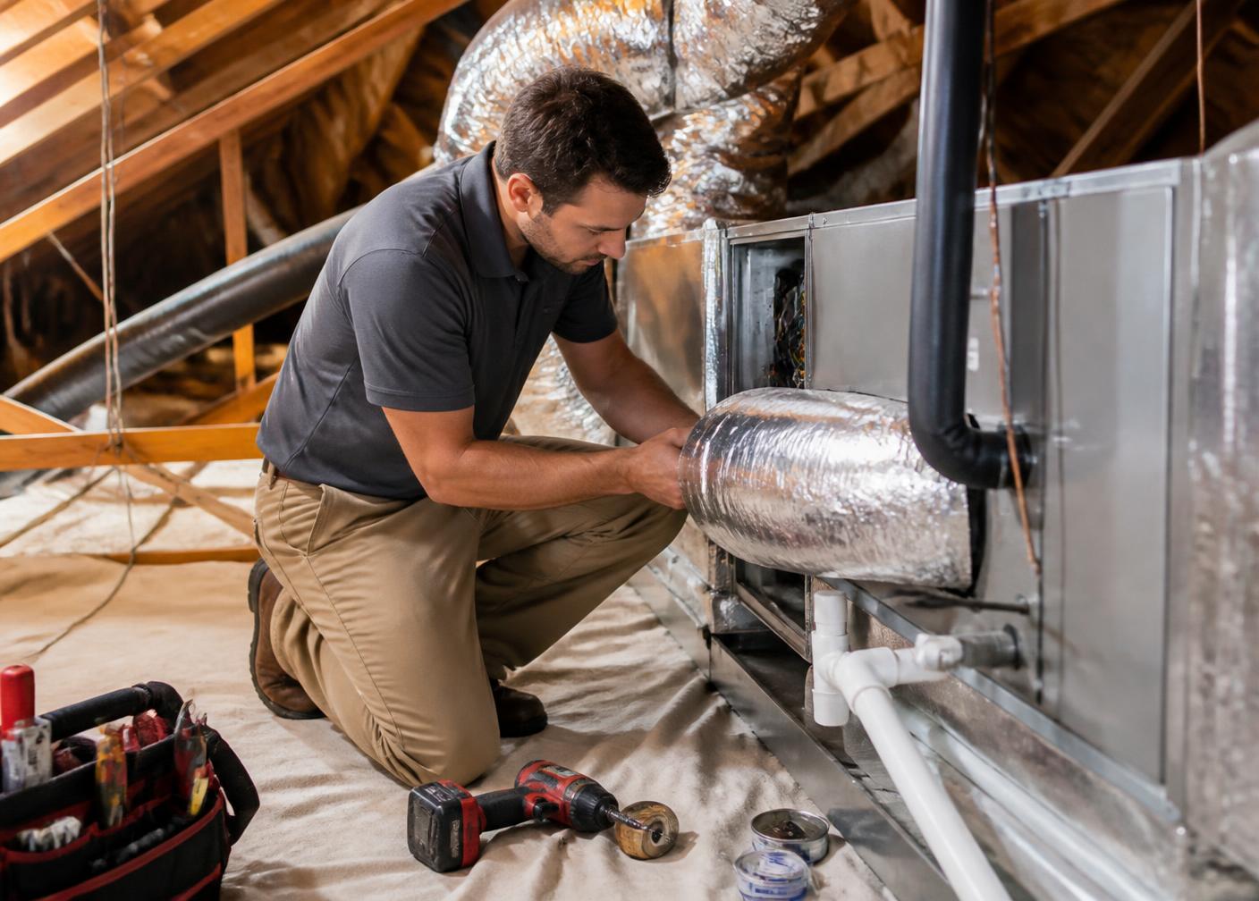 Technician connecting insulated ductwork to a residential air handler during an HVAC installation