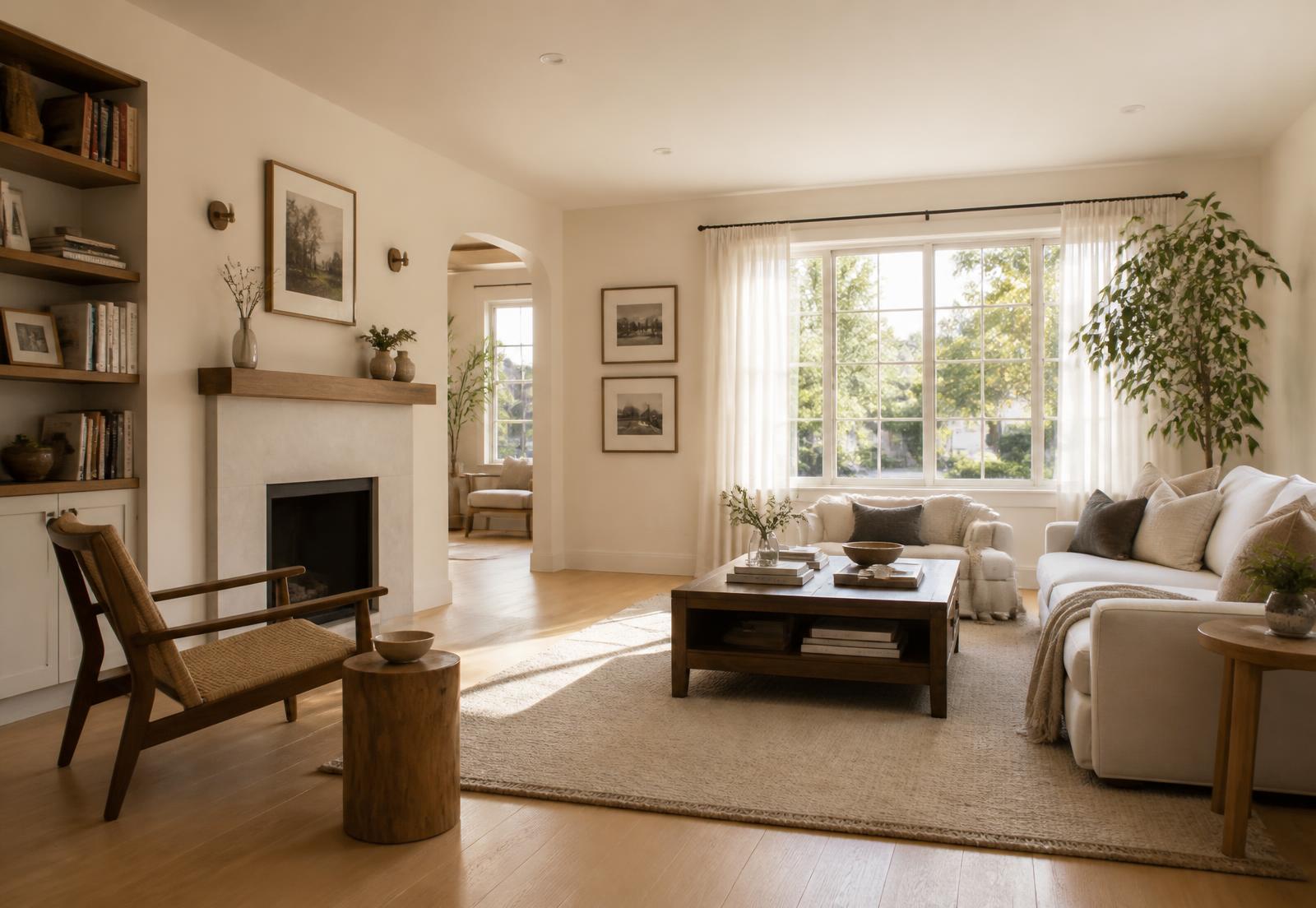 Sunlit living room in a Central California home with linen furniture and open windows