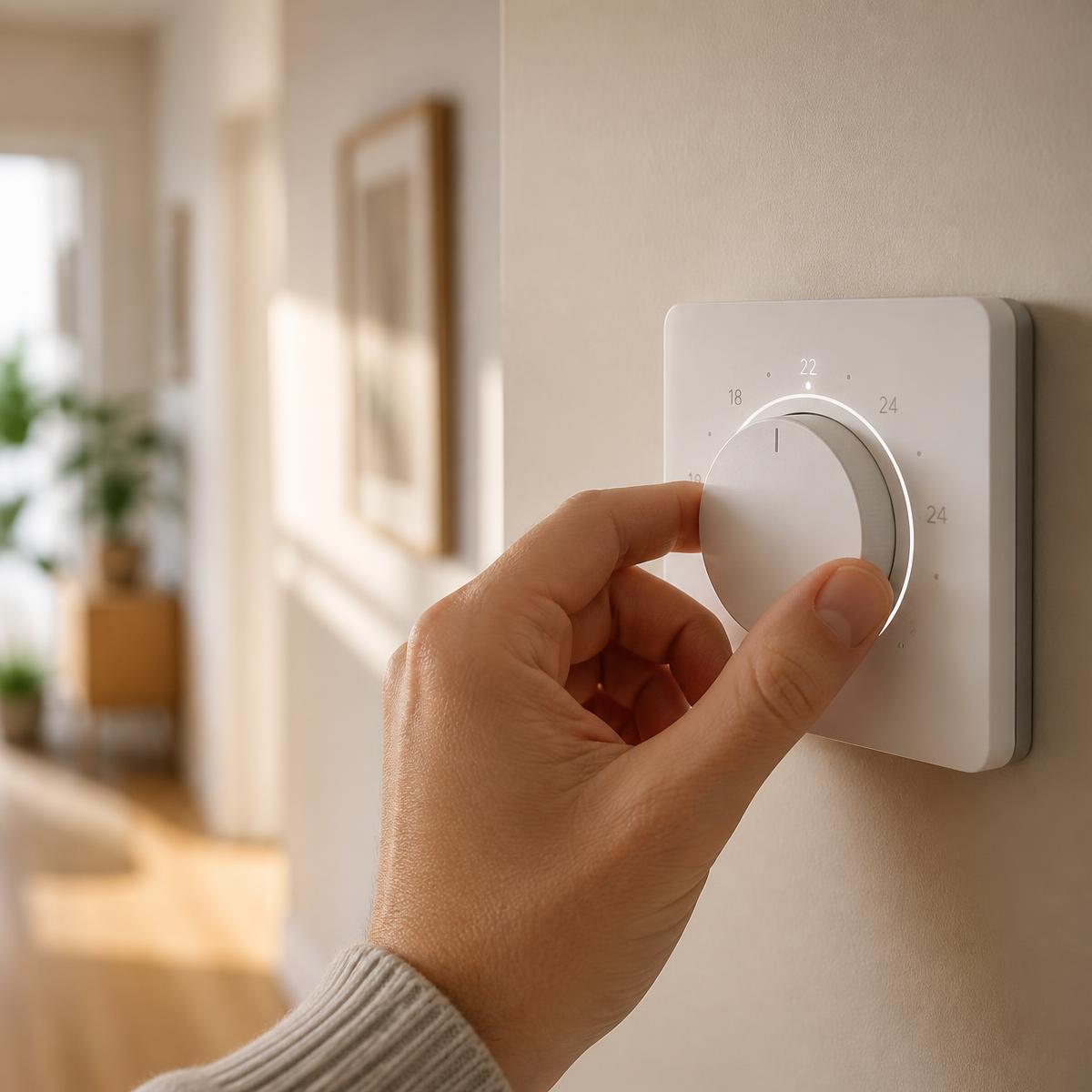 Homeowner adjusting a wall thermostat in a bright hallway